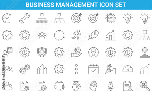 Business management icon set, outline style, workflow process, teamwork, strategy planning, productivity tools, analytics, corporate growth symbols collection