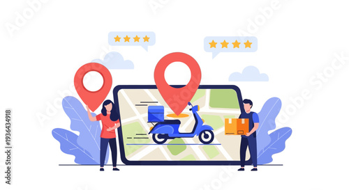 People using a large smartphone to track a delivery scooter on a map with location markers and rating icons