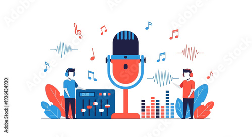 People recording audio with large microphone and sound equipment