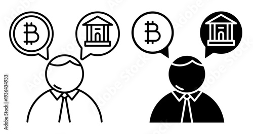 Linear icon. Bank client chooses between traditional banking services and digital cryptocurrencies. Simple black and white vector symbol isolated on white background