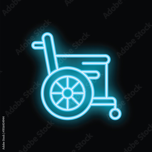 Blue neon wheelchair glowing on black background, symbolizing accessibility and healthcare support