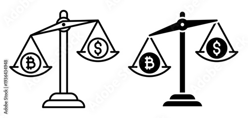 Linear icon. Bitcoin cryptocurrency and the traditional dollar are weighing on the scales. Simple black and white vector symbol isolated on white background