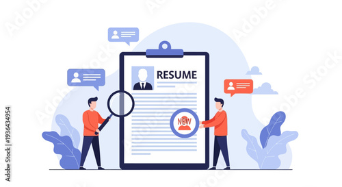 People reviewing and magnifying a large resume document on a clipboard, illustrating the process of job application scrutiny