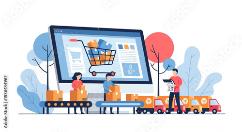 E-commerce illustration showing online shopping carts and delivery trucks at work