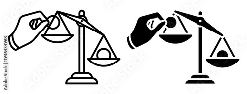 Linear icon. Man hand places a coin on scale to balance it. Simple black and white vector symbol isolated on white background