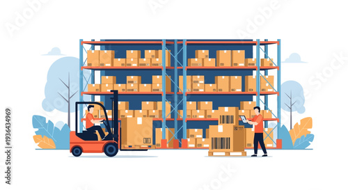 Warehouse staff operating forklift and handling boxes on shelving units in a large storage facility from a side viewpoint