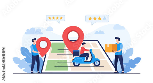 Delivery personnel on scooter navigating through map with location pins and ratings