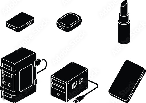 Portable Electronic Devices and Charging Equipment Icon Set Including Power Bank, Smartphone, USB Charger and Technology Accessories Illustration