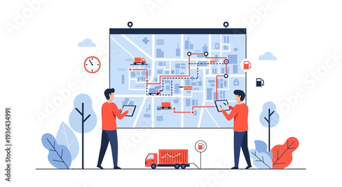 Logistics team planning delivery routes on a large digital map displayed on a screen