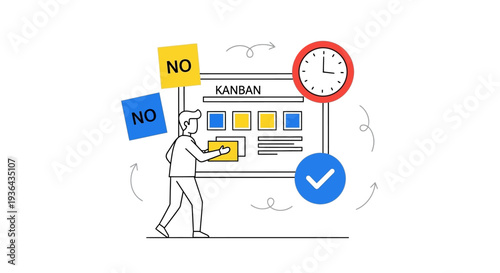 Person interacting with Kanban board illustration on screen with feedback icons and clock