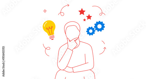 A person contemplates ideas represented by icons symbolizing creativity and innovation surrounding them in a minimalist illustration.