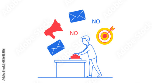 Person standing at desk rejecting messages and focusing on target