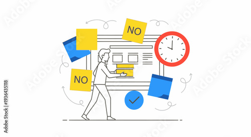 A person working on a computer with sticky notes and a clock surrounding them, illustrating time management and task prioritization