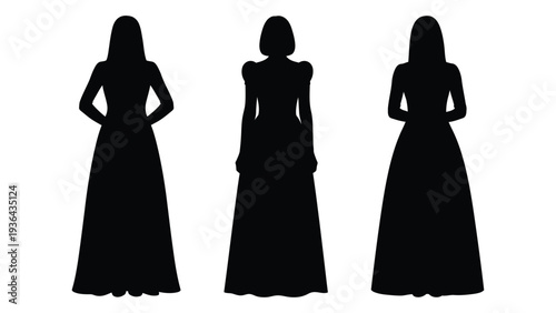 Three elegant women in silhouette pose with hands on hips against a white background