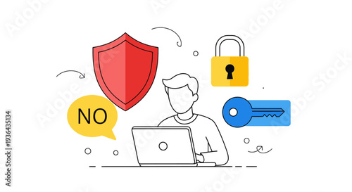 A person working on a laptop surrounded by security icons indicating protection and privacy