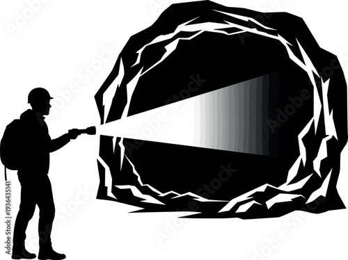 Sports silhouette of a man shining light into a cave