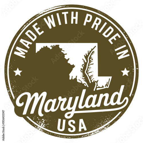 A circular badge proclaiming products are made with pride in Maryland usa