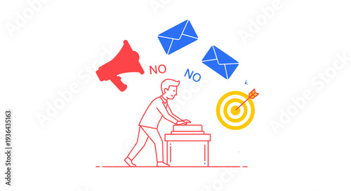 A person working at a desk with a megaphone and rejected emails nearby
