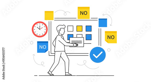 Person working on computer with task management interface and time management symbols around