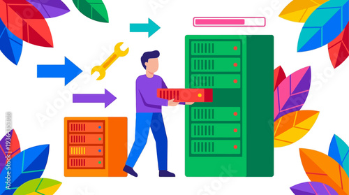 Man transfers data between servers surrounded by colorful leaves and symbolic arrows