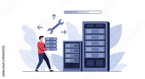 Man in red shirt transfers data between servers in a digital environment from a lateral viewpoint