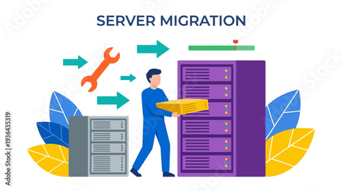 Technician migrating server data between large purple and grey storage units