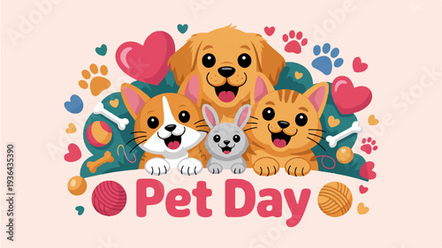 Cute pets dogs cats rabbits celebration colorful icons hearts playful fun pet day