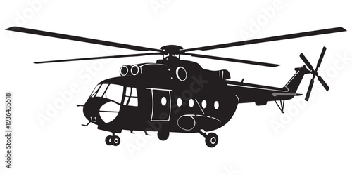 A black silhouette of a helicopter against a white background