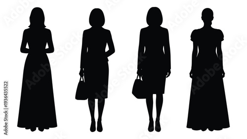 Silhouettes of four women in various dresses and poses against a white background