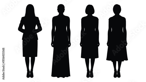 Four silhouetted women stand in a row each with a distinct hairstyle and outfit