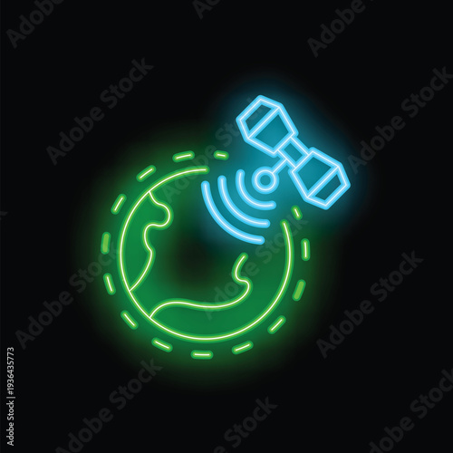 Neon satellite orbiting earth and transmitting signal icon in line style