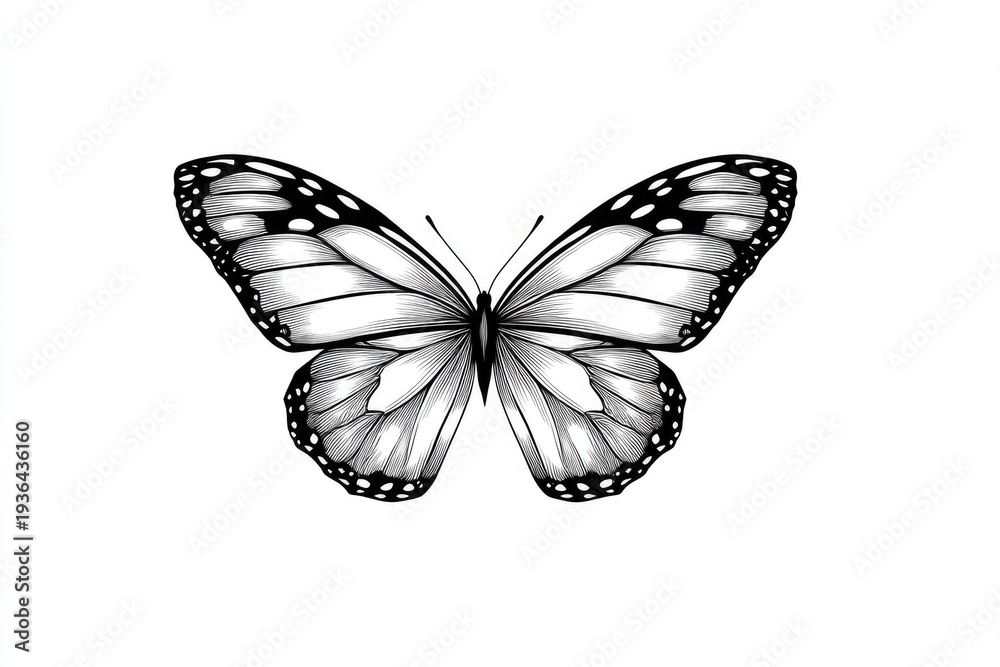 Obraz premium A monochromatic image of a butterfly with open wings, detailed shading, and a white background