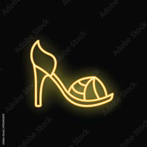 Yellow neon sign showing a woman's high heeled sandal, glowing against a black background