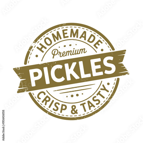 A vintage style circular label advertising homemade premium pickles crisp and tasty