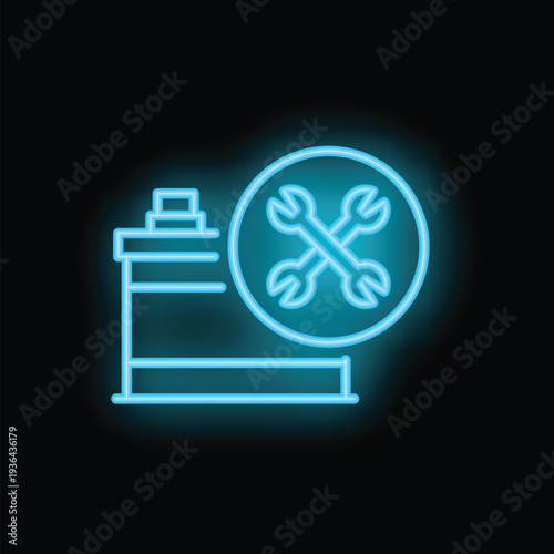 Blue neon icon of a car battery with crossed wrenches, suggesting maintenance or repair