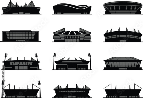 Modern sports stadium silhouettes collection featuring football arenas and outdoor sport venues isolated vector set for architecture, sport event and arena design