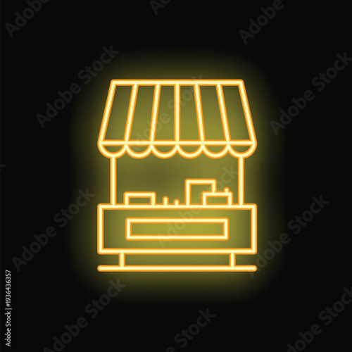 This neon sign is representing a street food stall with products on shelves and illuminated awning