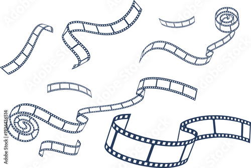 Curved film strip ribbon collection isolated on white background featuring vintage cinema reel frames for movie production, filmmaking and media concepts