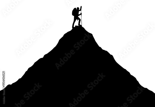 Hiker Silhouette Standing on Mountain Peak