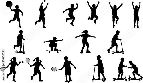 Kids sports and play silhouette set, children activities collection isolated on white background, active childhood lifestyle illustration for education design