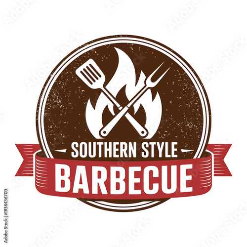 Vintage style badge featuring barbecue tools and a flaming grill design