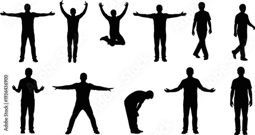 Man silhouette poses set, standing jumping walking gestures vector illustration, male person isolated clipart collection design graphic