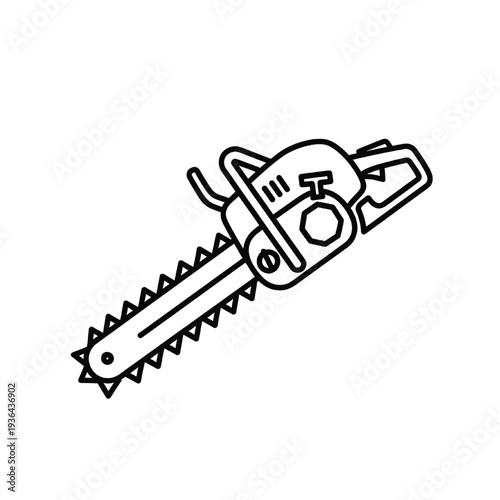 Chainsaw icon with sharp teeth on the cutting bar, depicting a tool for woodworking and logging with a simple outline illustration.