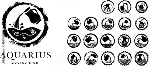 Aquarius zodiac sign vector icons set, monochrome astrology symbols with grunge texture