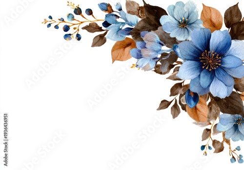Watercolor floral arrangement featuring blue flowers, brown leaves, and berries