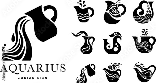 Aquarius zodiac sign decorative silhouette icons, monochrome astrology symbols with elegant water swirls