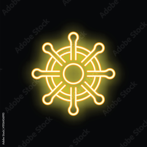 Bright yellow neon sign in the shape of a boat's steering wheel is glowing on a black background