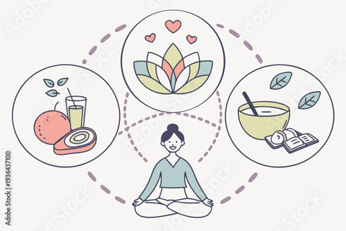 A person meditating with healthy food and drink