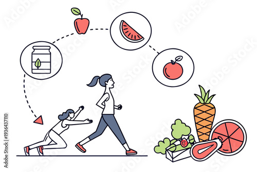 A woman jogging with healthy food and fitness icons around her