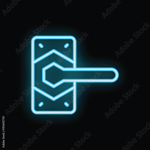 Blue neon icon of a door handle glowing against a black background
